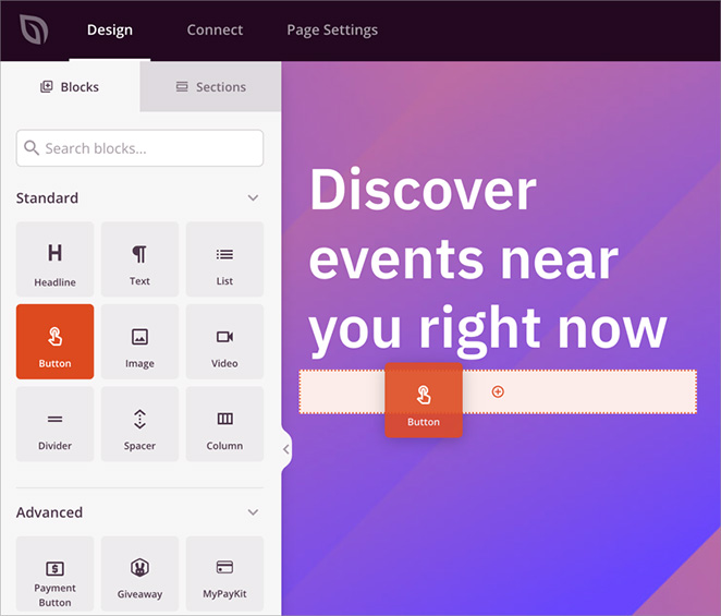 SeedProd editor with the Call to Action block selected, showing button and text customization options.