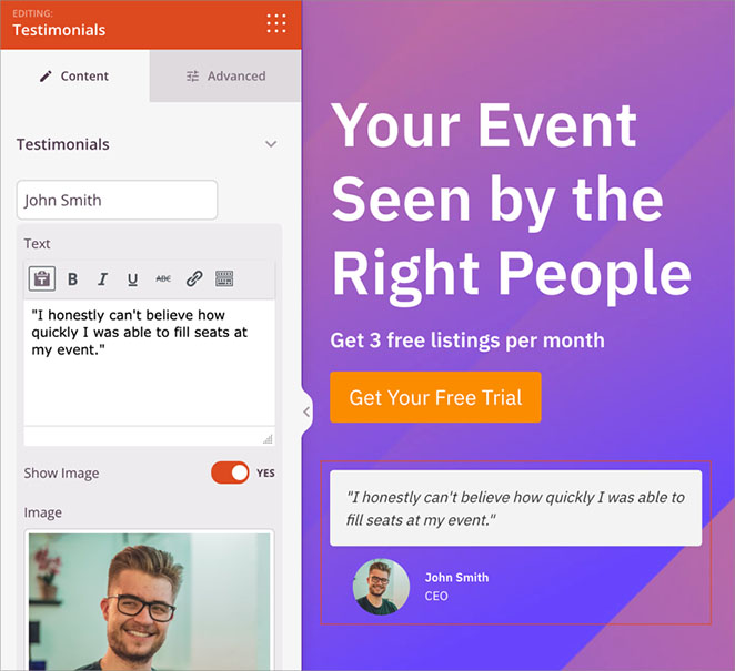 Example of a call-to-action section with a testimonial block placed directly below the CTA button.