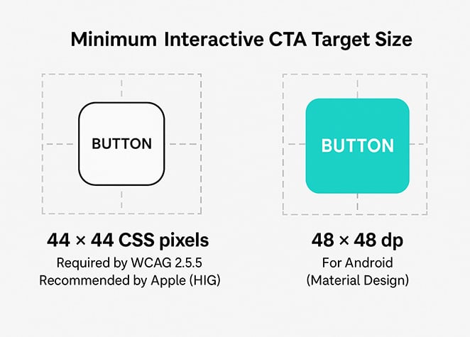 Visual guide to mobile tap target sizes, comparing Apple and Android recommended dimensions for buttons.