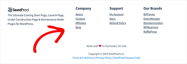 An example of a good footer layout from SeedProd which includes important links and copyright information