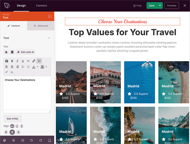 Travel website layout with featured destinations section