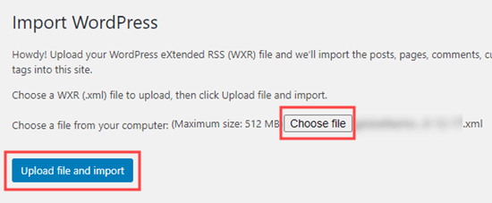 Uploading an XML export file to import WordPress content to a new site