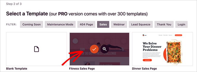 Select a free landing page template in WordPress using SeedProd