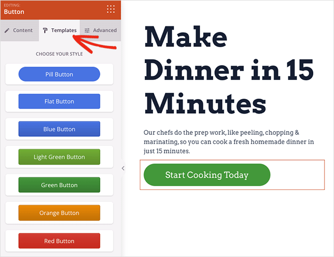 Screenshot of SeedProd’s button style options including various colors, shapes, and layouts.