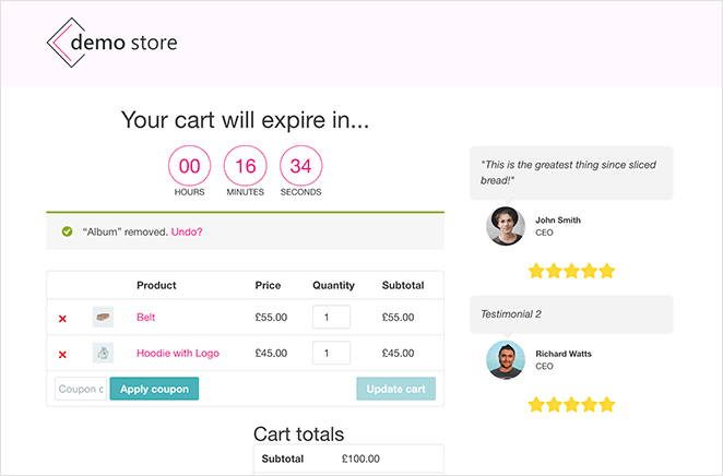 Finished custom WooCommerce shopping cart page built with SeedProd in WordPress