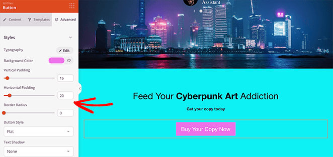 SeedProd landing page builder showing a visually distinct CTA button with spacing, styling, and clean layout.