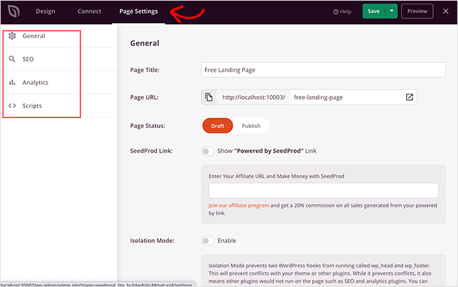 Landing page SEO and tracking settings in SeedProd plugin