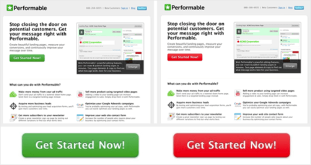 Side-by-side comparison of red and green CTA buttons in a HubSpot test, highlighting the red button’s stronger visibility.