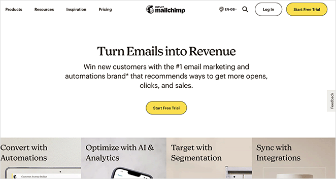 Mailchimp landing page highlighting a free trial offer with a clear call-to-action button and benefit-focused headline.