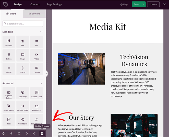 Previewing the media kit page on mobile devices