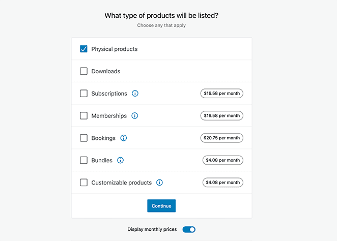 WooCommerce product type selection screen showing options for physical and digital products