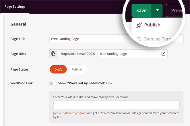 Click Publish to launch your free WordPress landing page