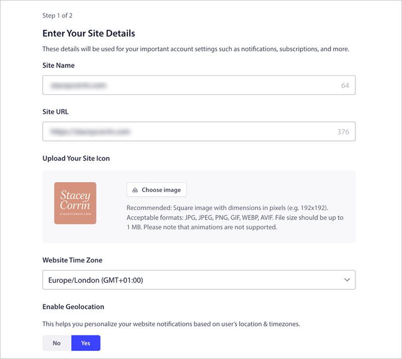 PushEngage setup screen to enter site details