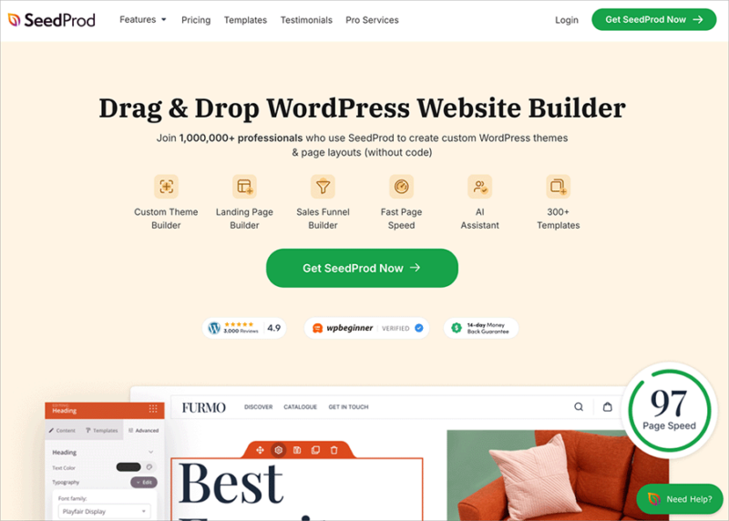 SeedProd page builder interface with drag-and-drop elements in a WordPress layout