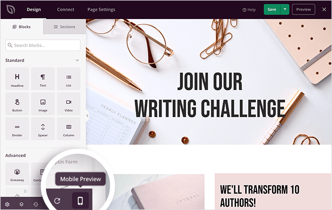 Preview your landing page design on mobile with SeedProd