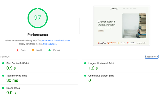Google PageSpeed test results showing fast load times for a site built with SeedProd