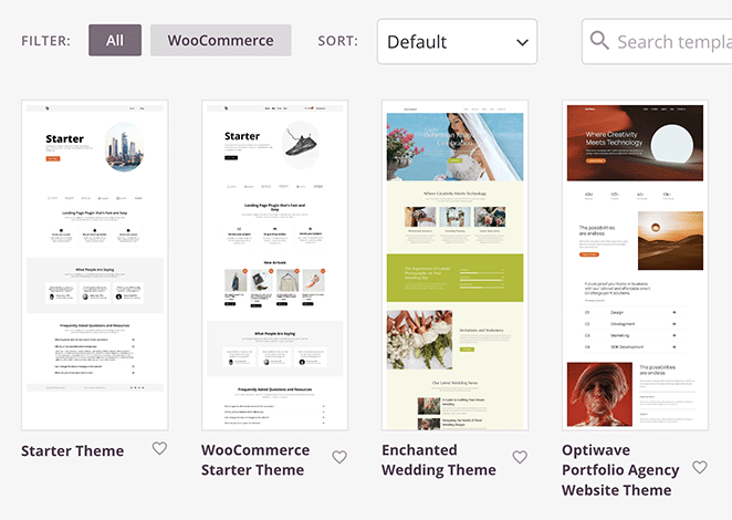 Grid of Starter Theme templates available in SeedProd Theme Builder