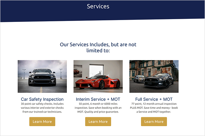 WordPress service page layout example with call-to-action