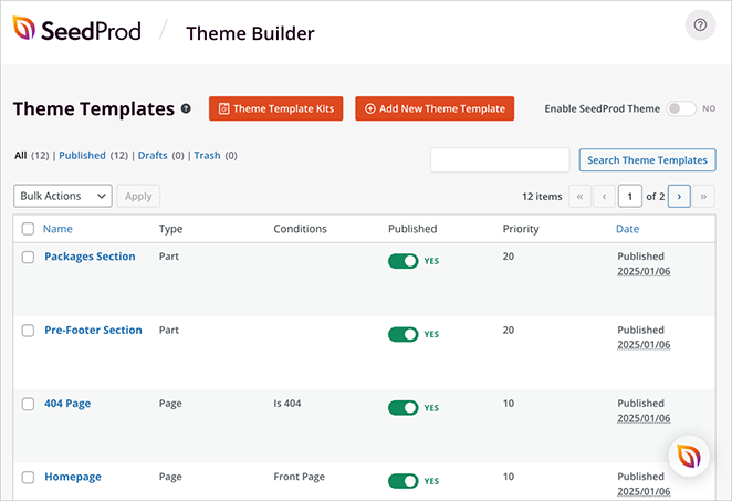 List of SeedProd theme parts including header, footer, page, and sidebar
