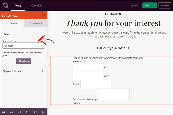 WordPress contact page with contact form