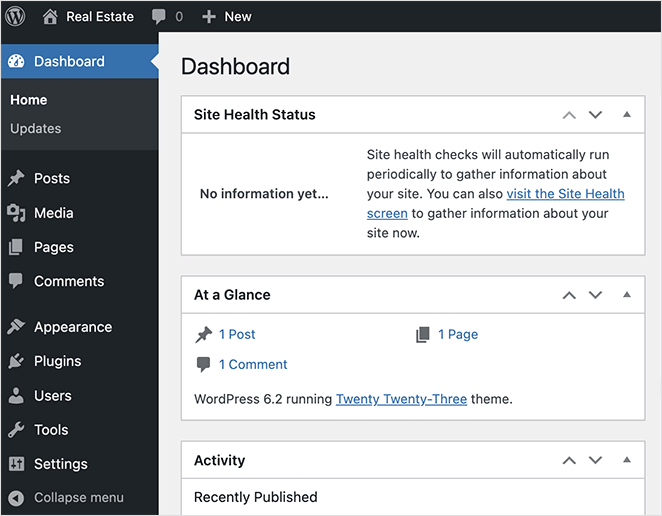 WordPress dashboard main screen
