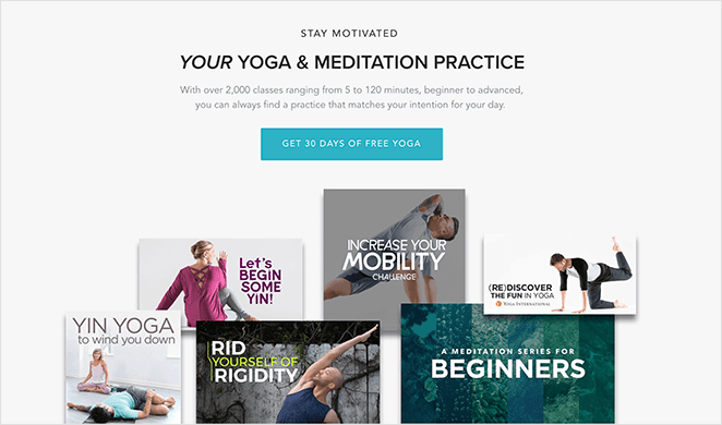 Promotional banner offering 30 days of free yoga, with a prominent call-to-action button on a calming background.